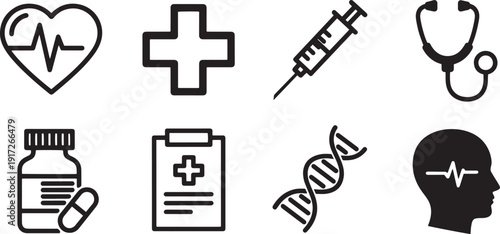 A set of vector line art icons representing medical and healthcare concepts in silhouette mode