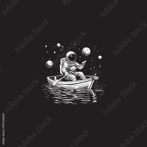 Astronaut sitting on a boat in the middle of the ocean with planets and stars in space background.