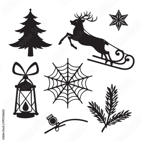 Christmas and halloween silhouette elements set including reindeer sleigh tree star lantern and spider web for holiday decorations and festive greeting card designs and crafts projects