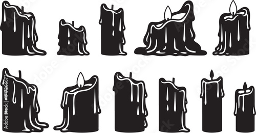 Black and white illustration of melting candles in various shapes