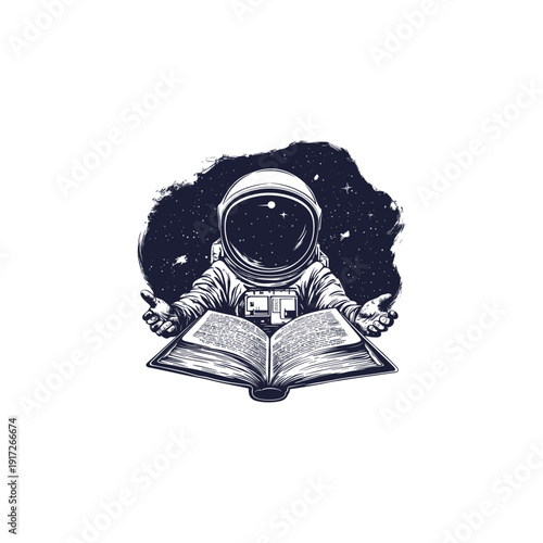 Astronaut reading an open book with galaxy and stars background in vintage engraving style.