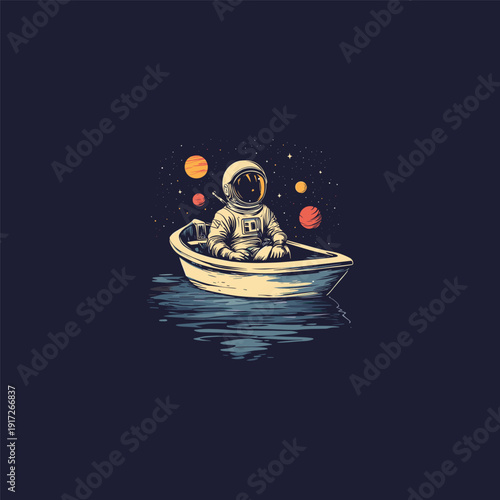 Astronaut sitting on a boat in the middle of the ocean with planets and stars in space background.
