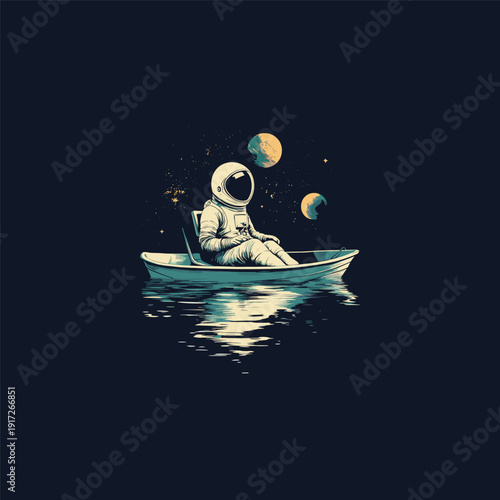 Astronaut sitting on a boat in the middle of the ocean with planets and stars in space background.