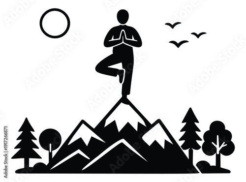 Minimalist line art illustration of a person depicting a tree pose on a mountain top for wellness