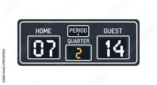 Scoreboard display shows home team score 7 guest team score 14 in second quarter