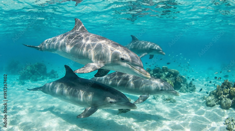 Fototapeta premium A pod of bottlenose dolphins swimming gracefully through crystal clear turquoise ocean waters near a coral reef