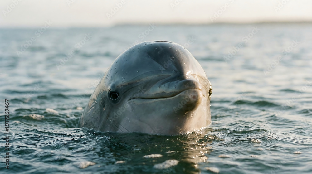 Fototapeta premium Close-up portrait of a curious bottlenose dolphin head emerging from calm ocean waters at sunrise.