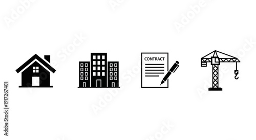 Collection of Architectural and Construction Icons representing buildings, contract, and crane