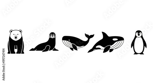 Collection of Arctic and Antarctic Animals in Silhouette Style