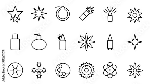 A comprehensive collection of thirty linear outline icons symbolizing various aspects of explosives and related risks.