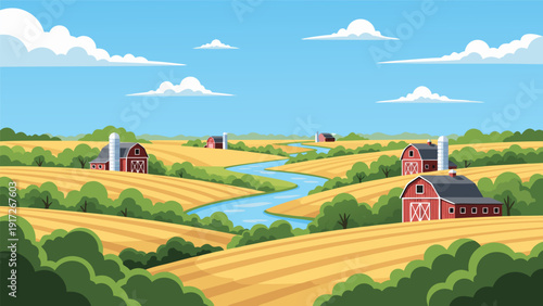 Beautiful rural landscape vector illustration of a farm with golden fields, a winding river, and red barns under a blue sky