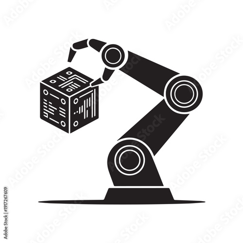 Industrial robotic arm lifting high tech digital cube representing automated manufacturing and smart factory solutions for logistics and precision engineering in modern industry work