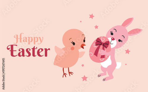 Cute Easter vector illustration featuring a cartoon pink bunny holding a decorated egg with a bow and a small chick. Festive greeting card design with "Happy Easter" text, stars, and pastel colors, pe