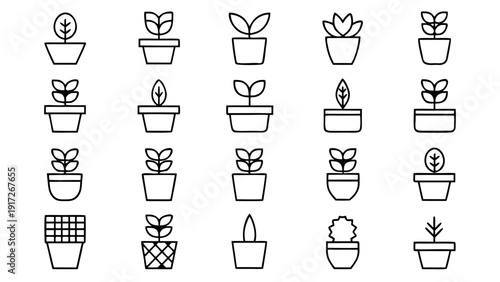 Thirty clean outline icons related to flowerpots and various types of plants, created with a consistent linear aesthetic.