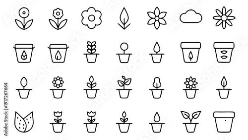 Set of 30 outline icons featuring diverse flowerpot designs and botanical plant details rendered in a precise linear art style.