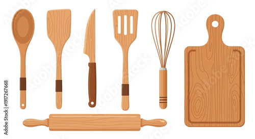 Assortment of Wooden Kitchen Utensils and Cutting Board