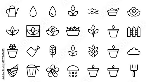 Complete set of 30 outline icons illustrating various flowerpots, plants, and gardening tools in a cohesive linear design.