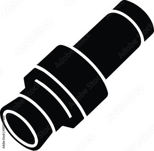 Black silhouette of a camera lens with ribbed sections and a cylindrical shape photography equipment