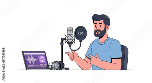 Bearded man in a blue shirt recording a podcast, speaking into a professional microphone with a laptop showing an audio waveform.
