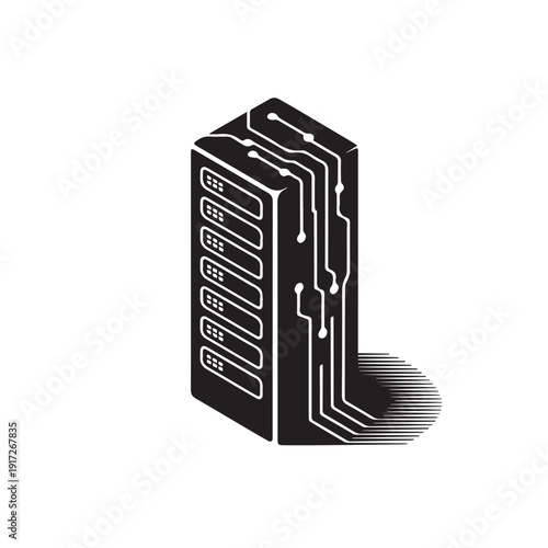 Isometric data server tower silhouette with electronic circuit board traces showing connectivity and cloud computing infrastructure for big data storage and network hosting service