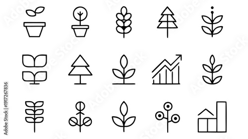 An assortment of thirty linear outline icons depicting various aspects of growth and linear progression for infographics.
