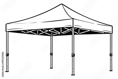 Line art illustration of a pop up canopy tent depicting a portable shelter for outdoor activities
