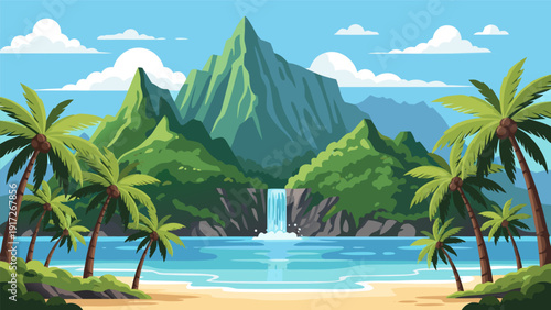 Vibrant pixel art vector illustration of a tropical island paradise, showcasing majestic mountains, a beautiful waterfall, and palm-fringed beaches