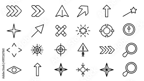 Thirty linear outline icons are displayed as a cohesive set, illustrating diverse themes pertinent to guidance and direction