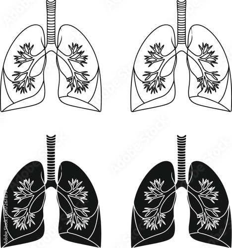 Stylized Black and White Lung Illustrations for Medical and Educational Use