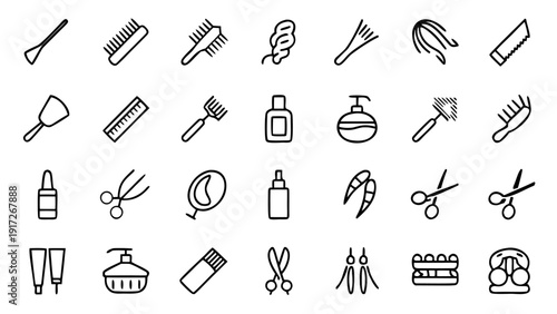 Various linear outline icons related to hair care are presented as a comprehensive set, covering beauty and wellness