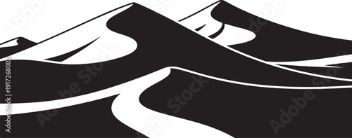 Stylized black and white mountain landscape with winding road