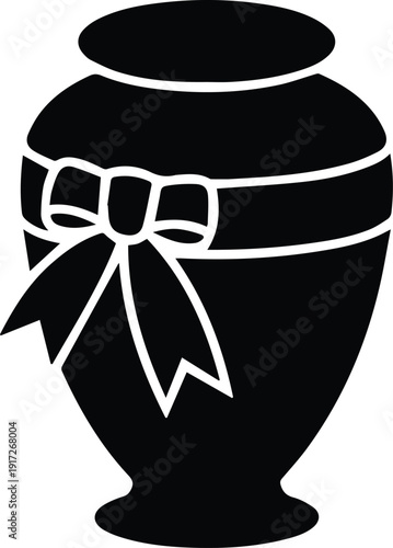 Black urn silhouette with ribbon bow icon, memorial funeral vase container vector, simple monochrome clipart, isolated on white, EPS illustration