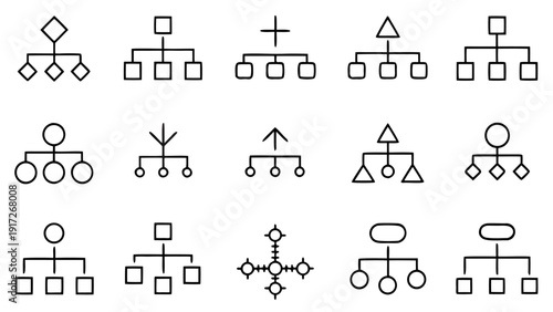 A complete collection of 30 linear outline icons illustrating different forms of hierarchy and structured systems.
