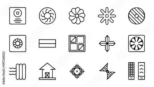 Thirty linear outline icons representing essential aspects and equipment within the HVAC industry and infrastructure.