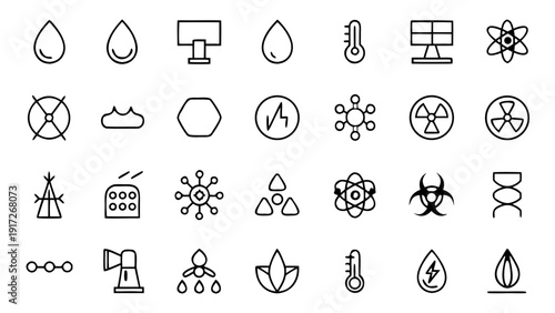 Group of detailed outline icons illustrating various concepts and infrastructure associated with the hydrogen energy sector.