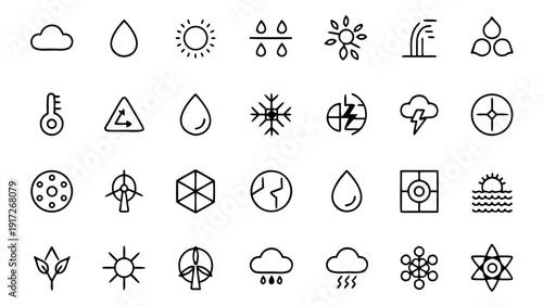 Comprehensive set of 30 minimalist outline icons exploring the multifaceted domain of hydrogen energy solutions.