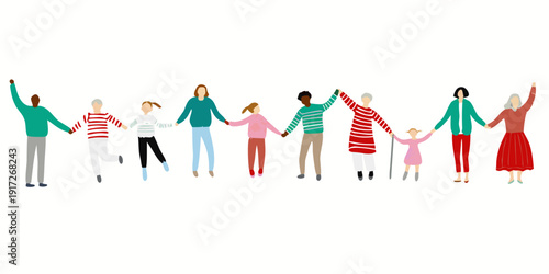 A diverse group of people holding hands in a united line