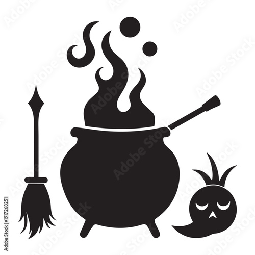Witch cauldron silhouette with magic potion smoke bubbles broomstick and mystical turnip character for halloween party decorations and spell casting alchemy graphic design elements