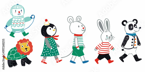 Cute animal characters cheerfully walking in a whimsical illustration