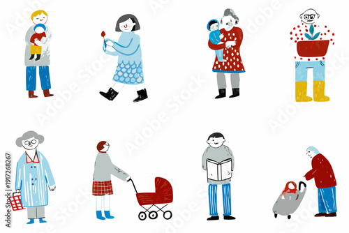 Diverse group of illustrated people in various life stages and activities