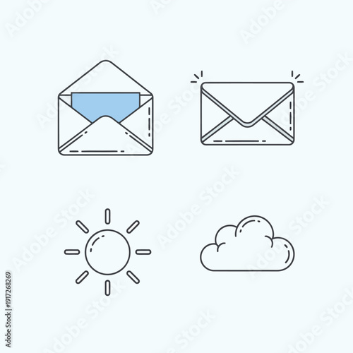 Stylish Email Icons with Sun and Cloud Illustrations for Modern Digital Communication