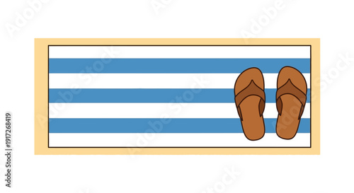 Brown Flip-Flops Resting on a Blue and White Striped Beach Towel