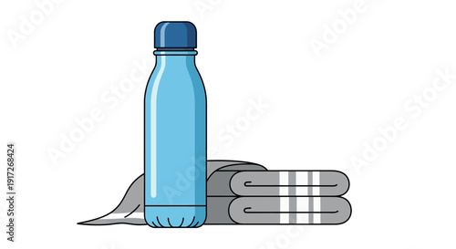 Blue Water Bottle and Folded Gray Towels Illustration