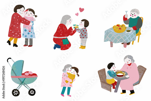 Illustrations depicting multigenerational family moments and loving connections