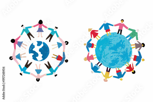 Diverse group of people holding hands around the earth symbolizing unity