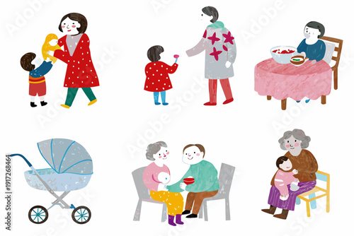 Illustrations depicting various family interactions and generations together