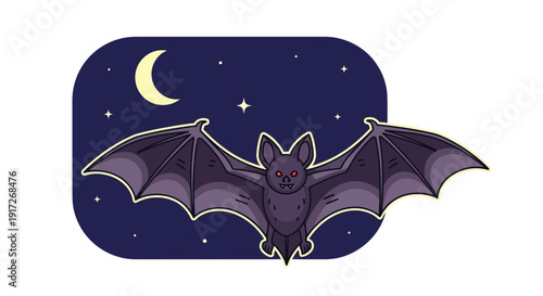 Cartoon Bat with Wings Spread Against a Night Sky