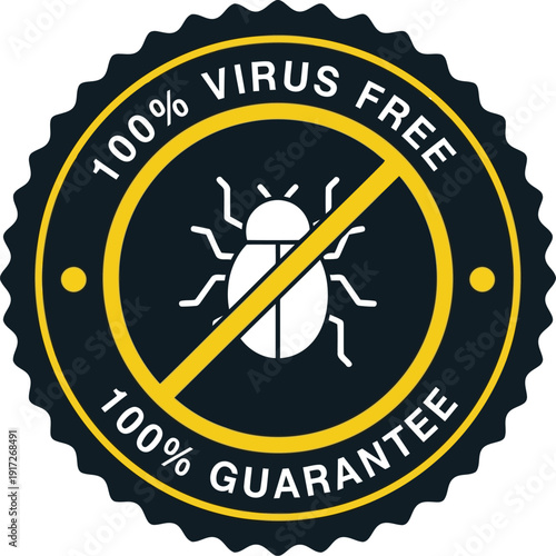 100% Virus Free Guarantee Seal with Bug Icon and Strikethrough Design