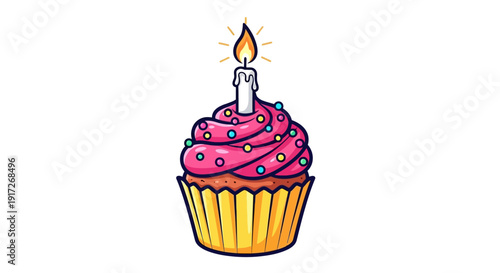 Cartoon birthday cupcake with pink frosting, colorful sprinkles, and a single lit candle.
