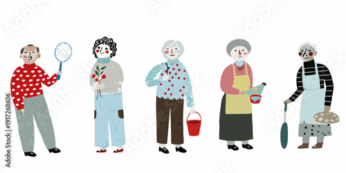 A group of elderly women cheerfully engaging in various outdoor activities